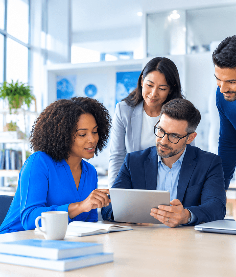 Healthcare professionals collaborating around a tablet